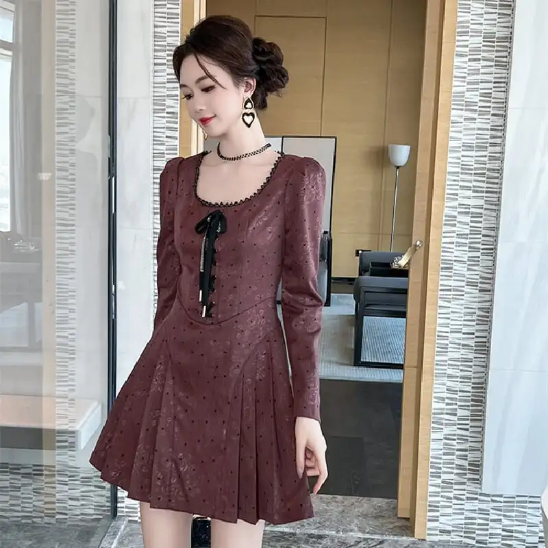 スクエアネック レトロ Aライン ドット柄 ワンピース