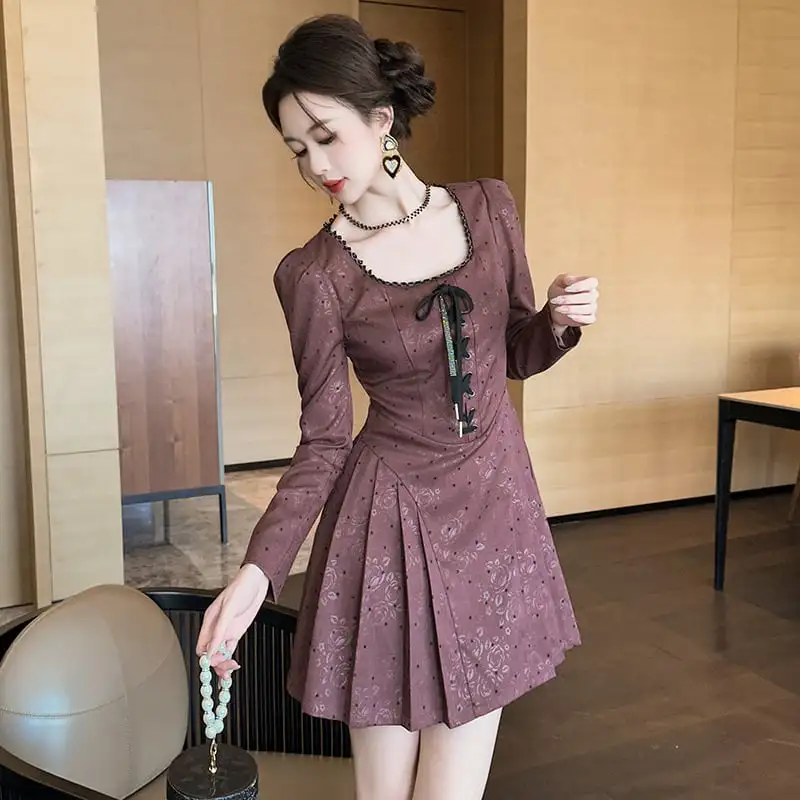 スクエアネック レトロ Aライン ドット柄 ワンピース