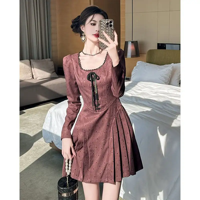 スクエアネック レトロ Aライン ドット柄 ワンピース