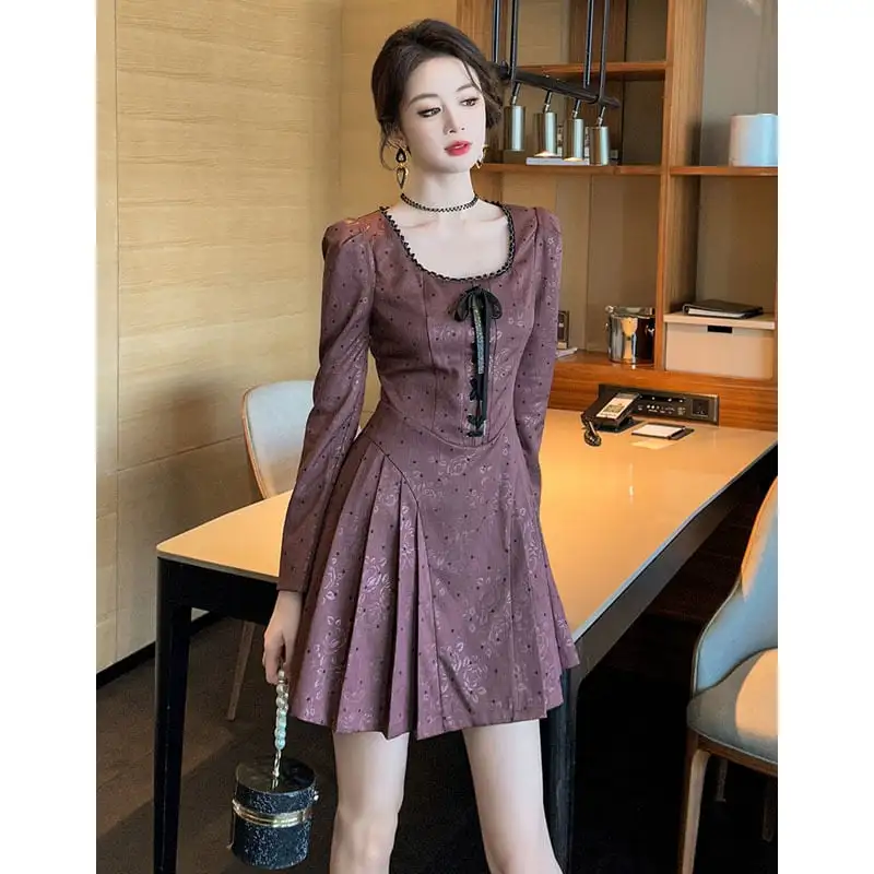 スクエアネック レトロ Aライン ドット柄 ワンピース