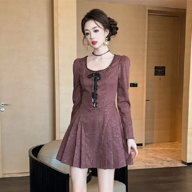 スクエアネック レトロ Aライン ドット柄 ワンピース