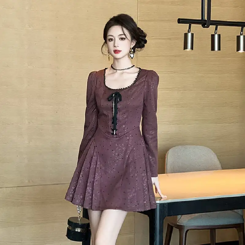 スクエアネック レトロ Aライン ドット柄 ワンピース