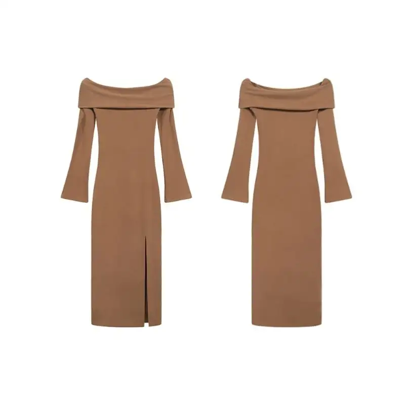 ボートネックデザイン スリット 無地 ブラウン ワンピース