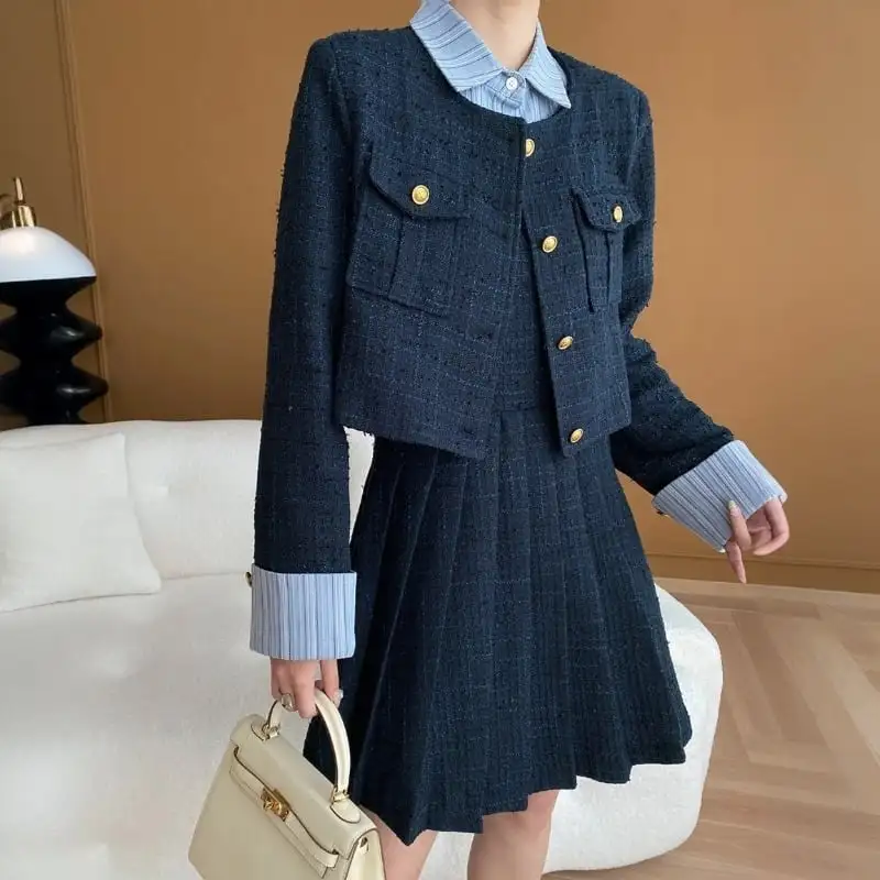 ジャケット ツイード 長袖 学園風 シングルブレスト ダークブルー アウター