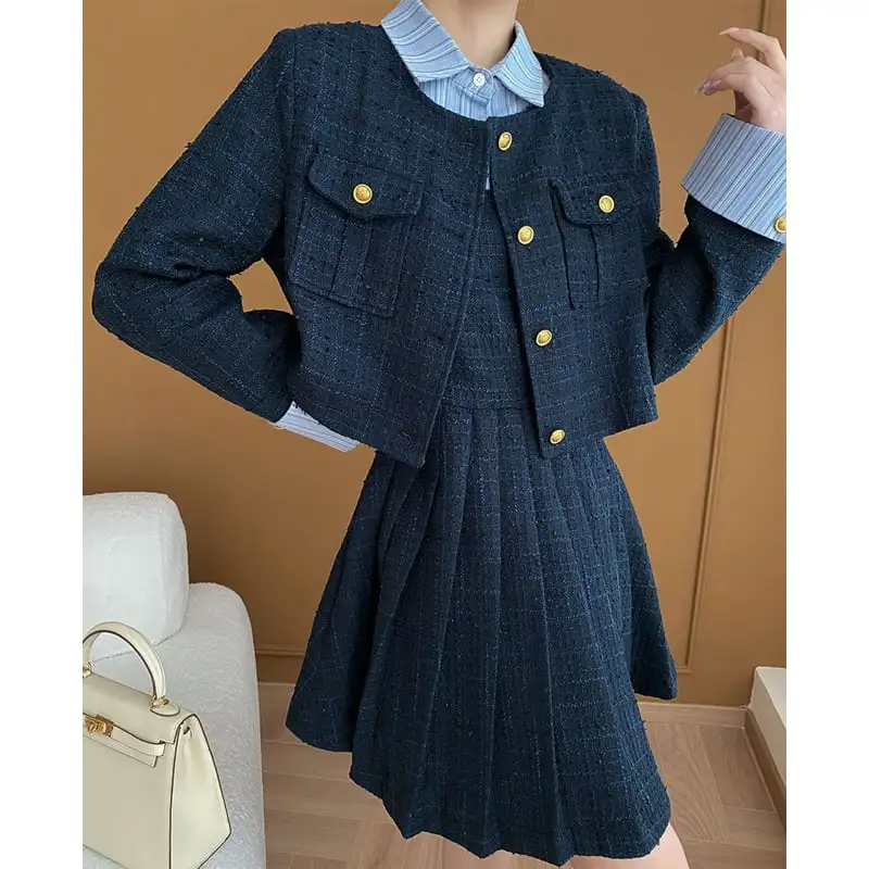 ジャケット ツイード 長袖 学園風 シングルブレスト ダークブルー アウター