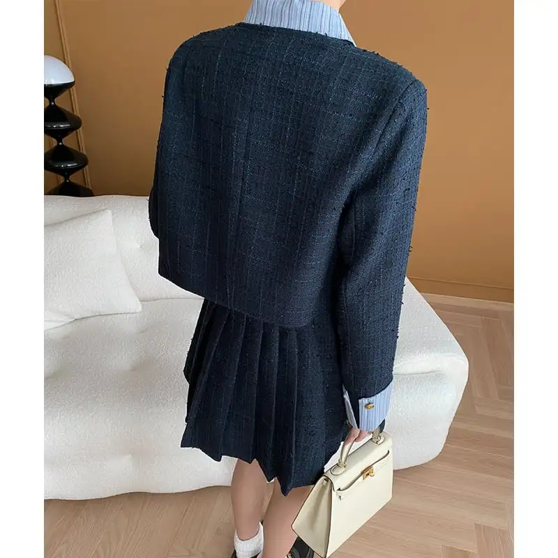 ジャケット ツイード 長袖 学園風 シングルブレスト ダークブルー アウター