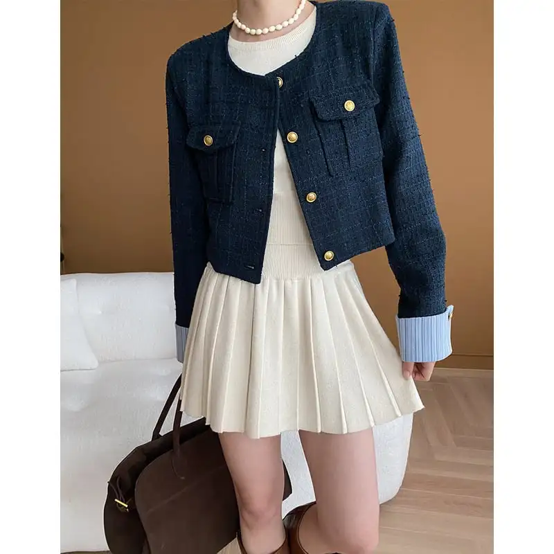 ジャケット ツイード 長袖 学園風 シングルブレスト ダークブルー アウター