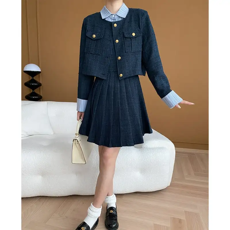 ジャケット ツイード 長袖 学園風 シングルブレスト ダークブルー アウター
