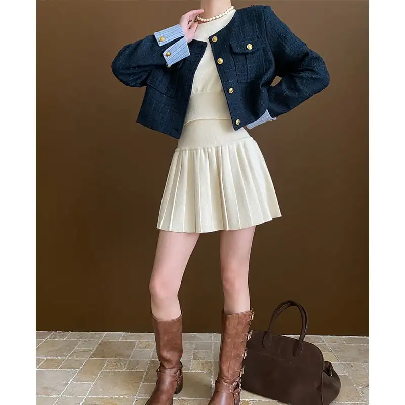 ジャケット ツイード 長袖 学園風 シングルブレスト ダークブルー アウター