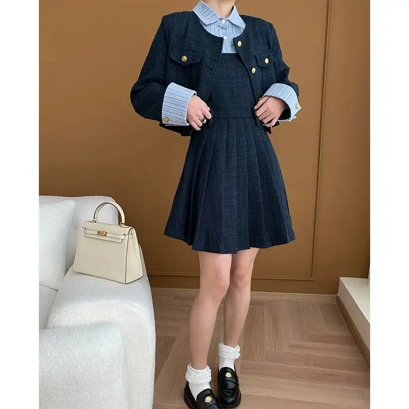 ジャケット ツイード 長袖 学園風 シングルブレスト ダークブルー アウター