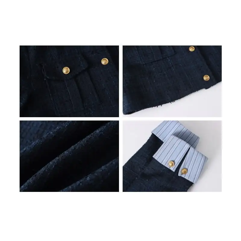 ジャケット ツイード 長袖 学園風 シングルブレスト ダークブルー アウター