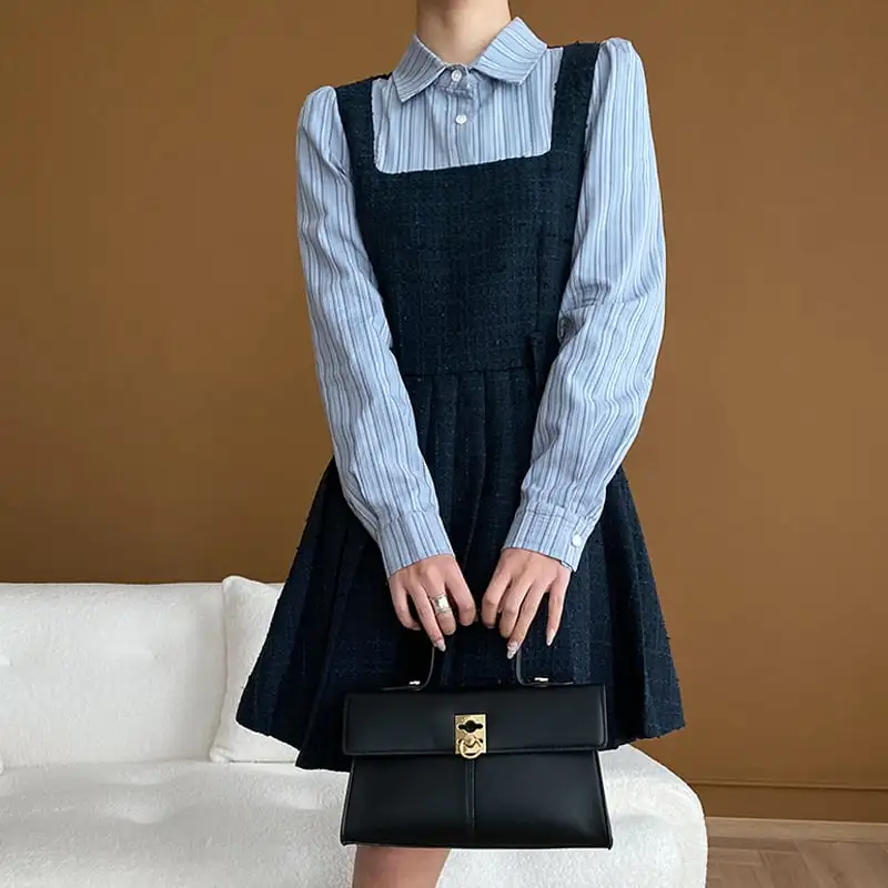 ツイード 長袖 ストライプ柄 フェイクレイヤード シャツワンピース