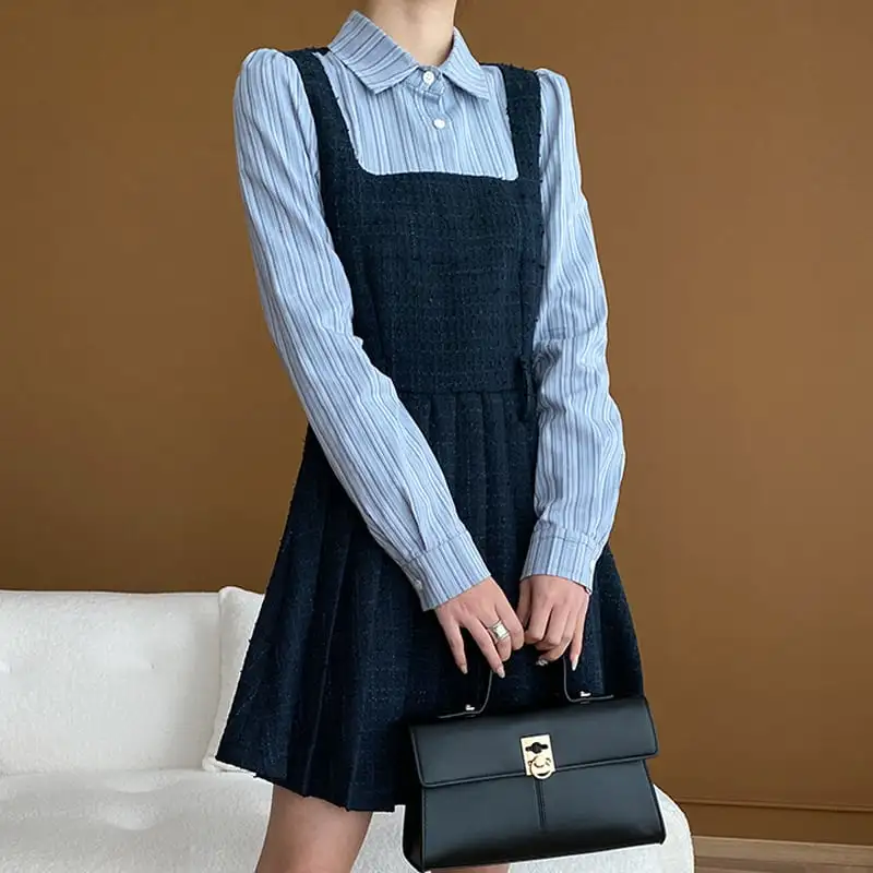 ツイード 長袖 ストライプ柄 フェイクレイヤード シャツワンピース