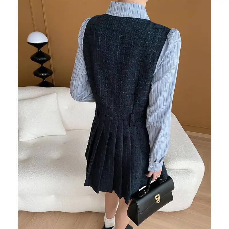 ツイード 長袖 ストライプ柄 フェイクレイヤード シャツワンピース