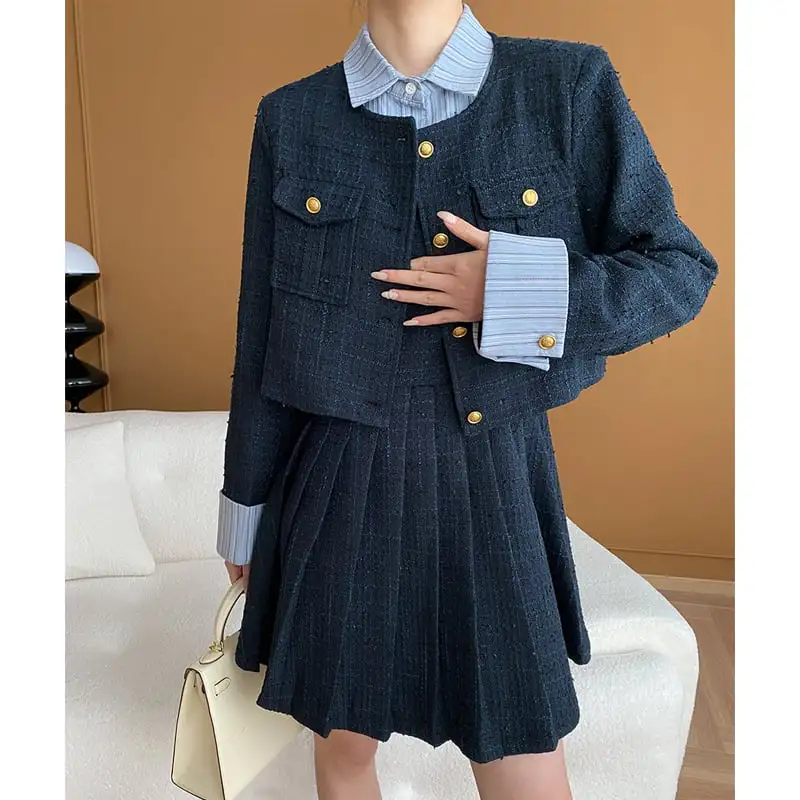 ツイード 長袖 ストライプ柄 フェイクレイヤード シャツワンピース