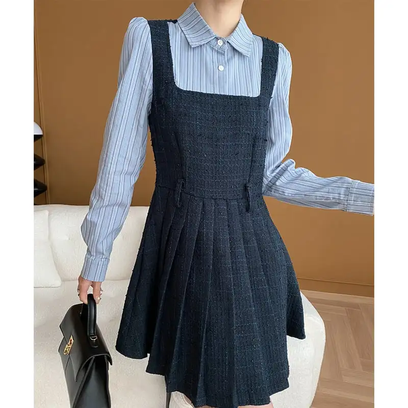 ツイード 長袖 ストライプ柄 フェイクレイヤード シャツワンピース