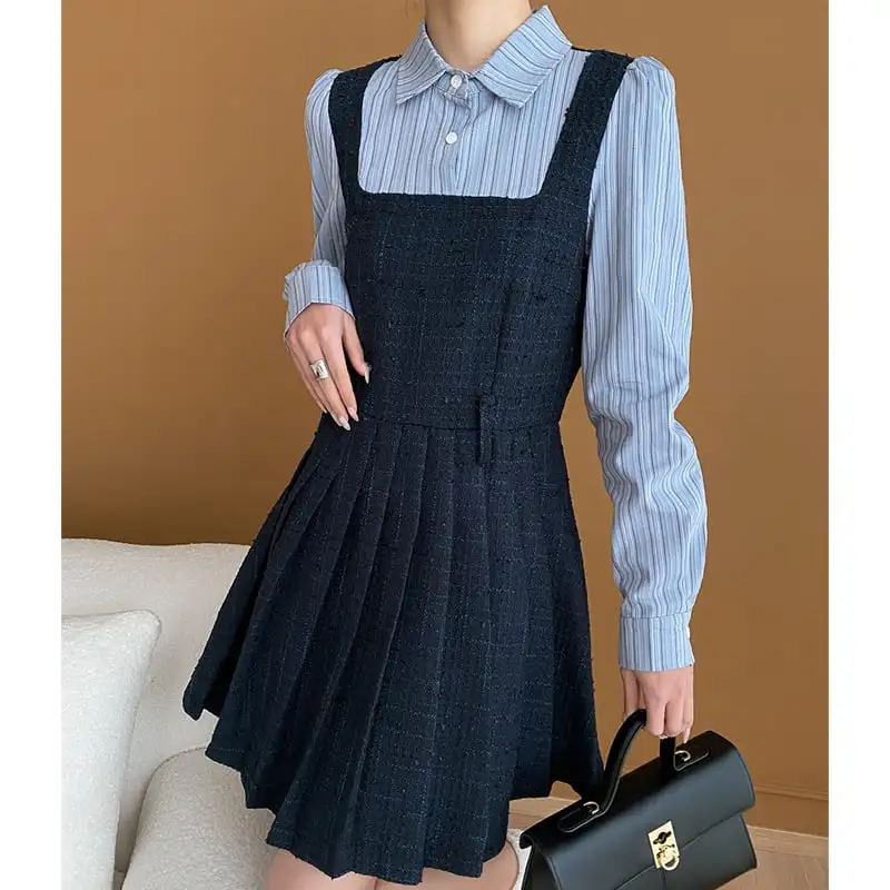 ツイード 長袖 ストライプ柄 フェイクレイヤード シャツワンピース