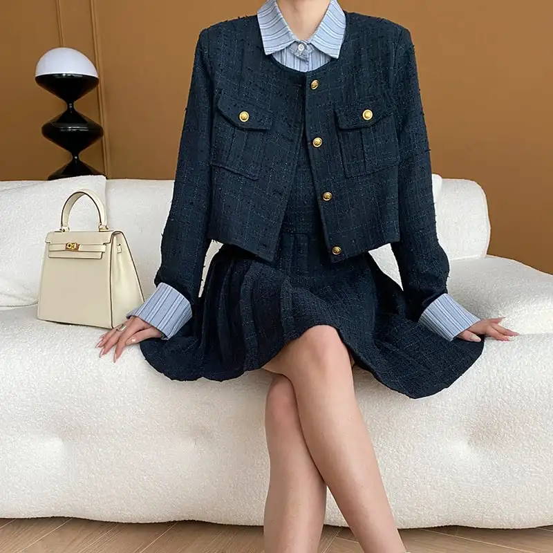 ツイード 長袖 ストライプ柄 フェイクレイヤード シャツワンピース