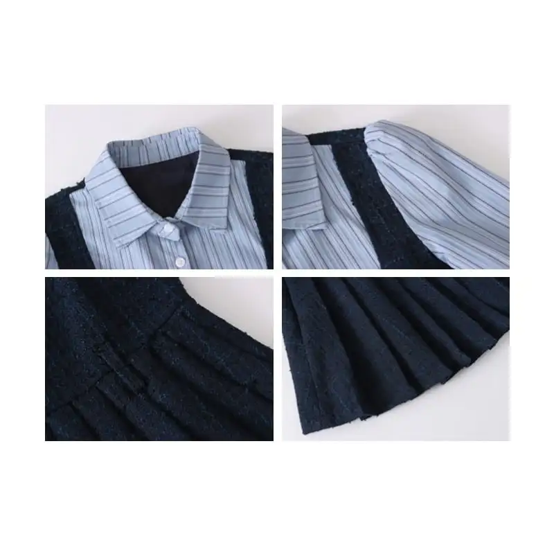 ツイード 長袖 ストライプ柄 フェイクレイヤード シャツワンピース