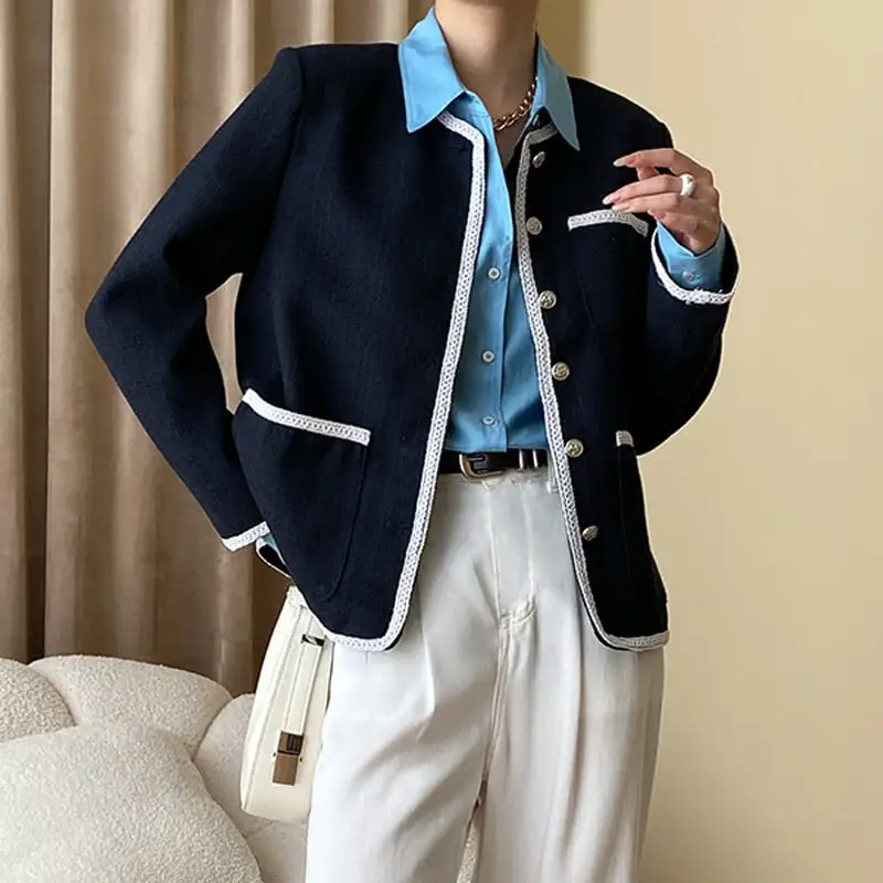 ジャケット 長袖 通勤 シングルブレスト ダークブルー アウター