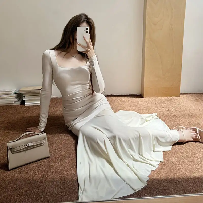 スクエアネック フィッシュテール メッシュ ベージュ ワンピース