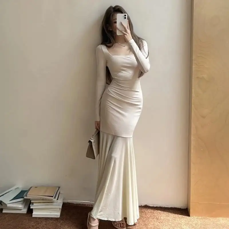 スクエアネック フィッシュテール メッシュ ベージュ ワンピース