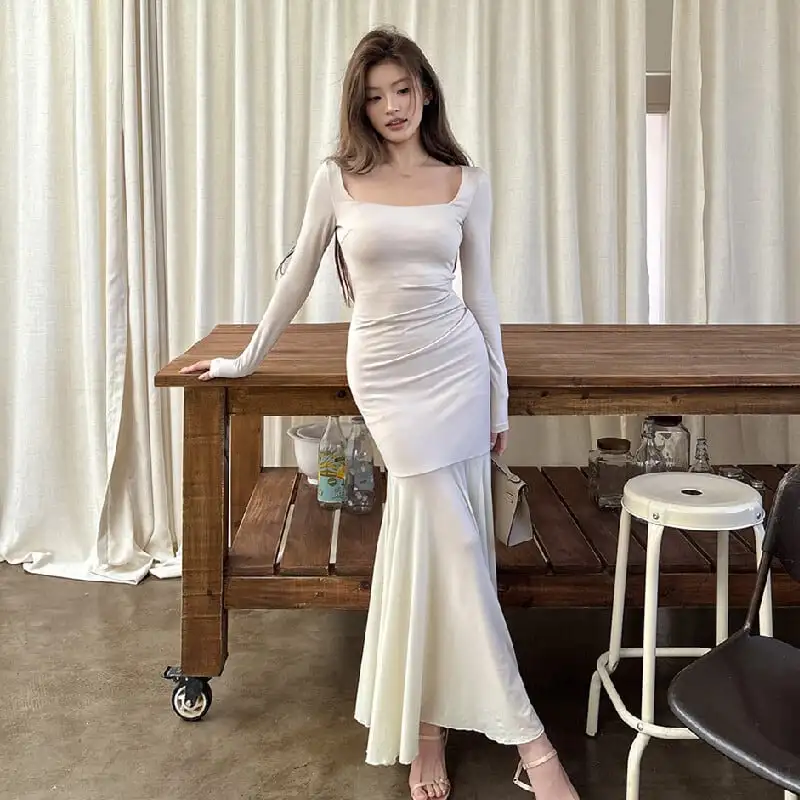 スクエアネック フィッシュテール メッシュ ベージュ ワンピース