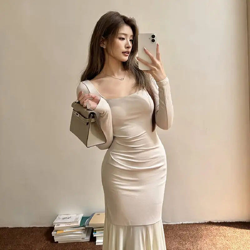 スクエアネック フィッシュテール メッシュ ベージュ ワンピース