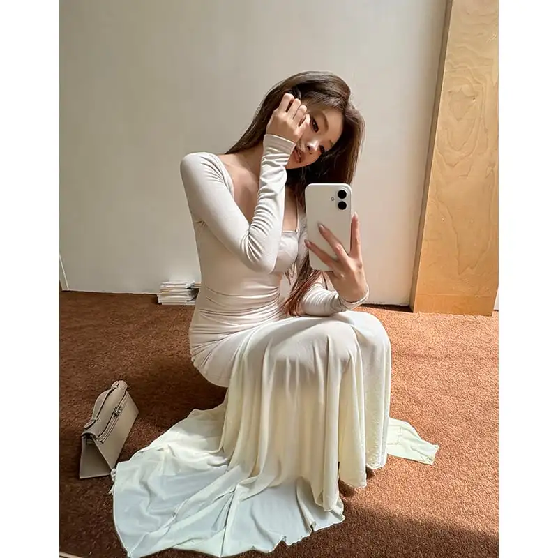 スクエアネック フィッシュテール メッシュ ベージュ ワンピース