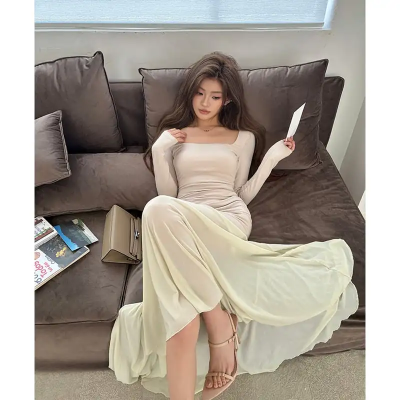 スクエアネック フィッシュテール メッシュ ベージュ ワンピース