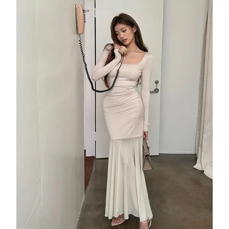 スクエアネック フィッシュテール メッシュ ベージュ ワンピース