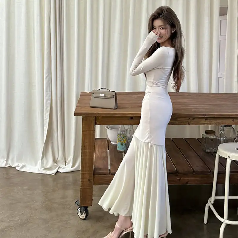 スクエアネック フィッシュテール メッシュ ベージュ ワンピース