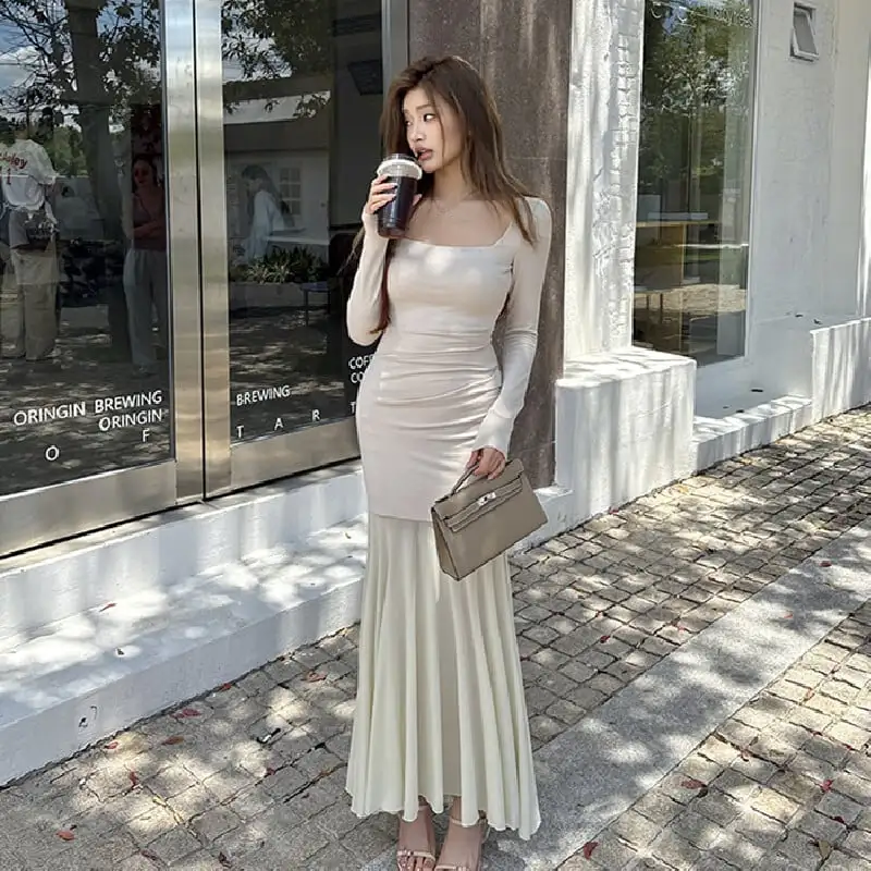 スクエアネック フィッシュテール メッシュ ベージュ ワンピース