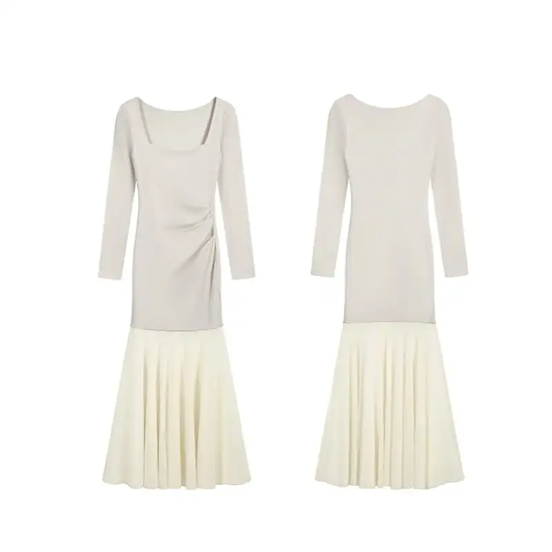 スクエアネック フィッシュテール メッシュ ベージュ ワンピース