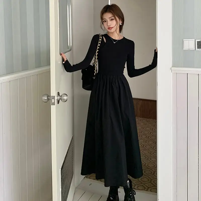 ラウンドネック 切り替え 長袖 ブラック ワンピース