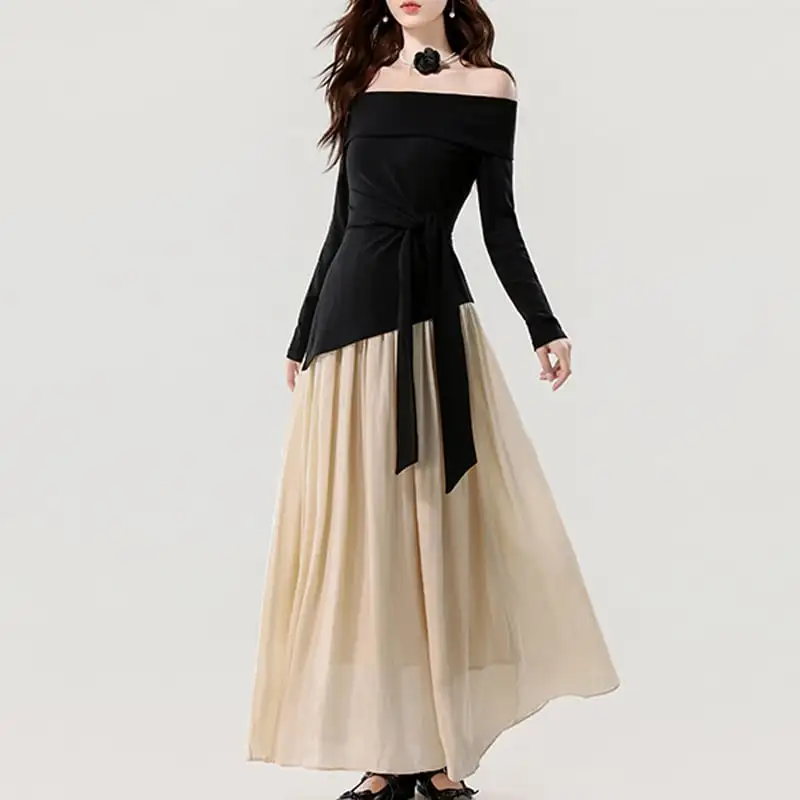 ボートネックデザイン 配色 長袖 気質アップ ワンピース