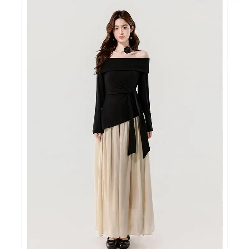 ボートネックデザイン 配色 長袖 気質アップ ワンピース