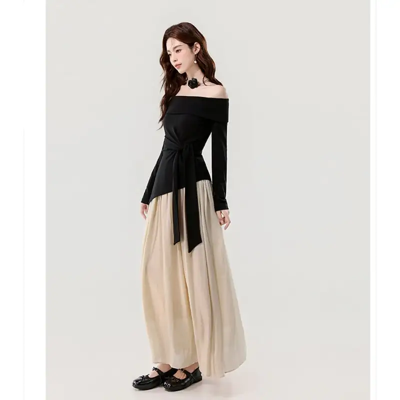 ボートネックデザイン 配色 長袖 気質アップ ワンピース