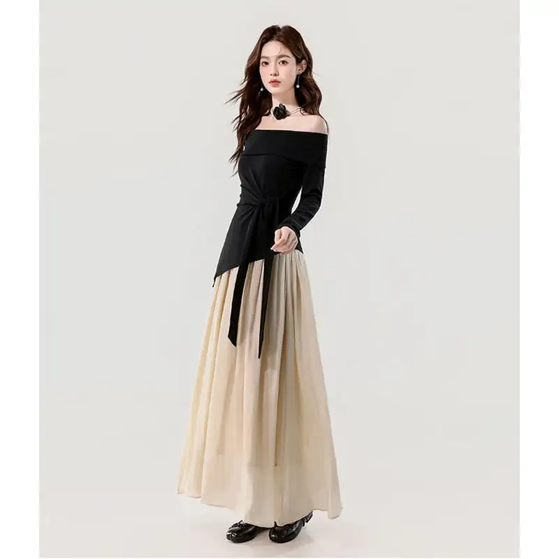 ボートネックデザイン 配色 長袖 気質アップ ワンピース