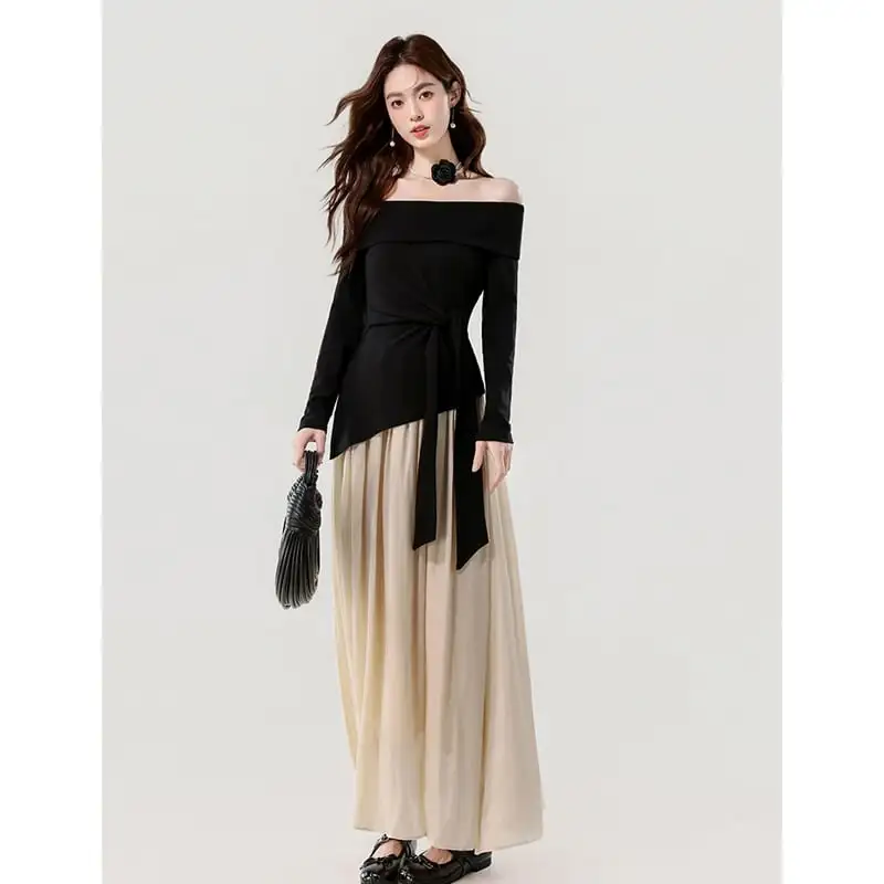 ボートネックデザイン 配色 長袖 気質アップ ワンピース