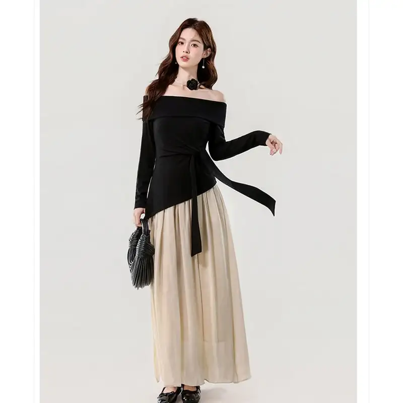 ボートネックデザイン 配色 長袖 気質アップ ワンピース