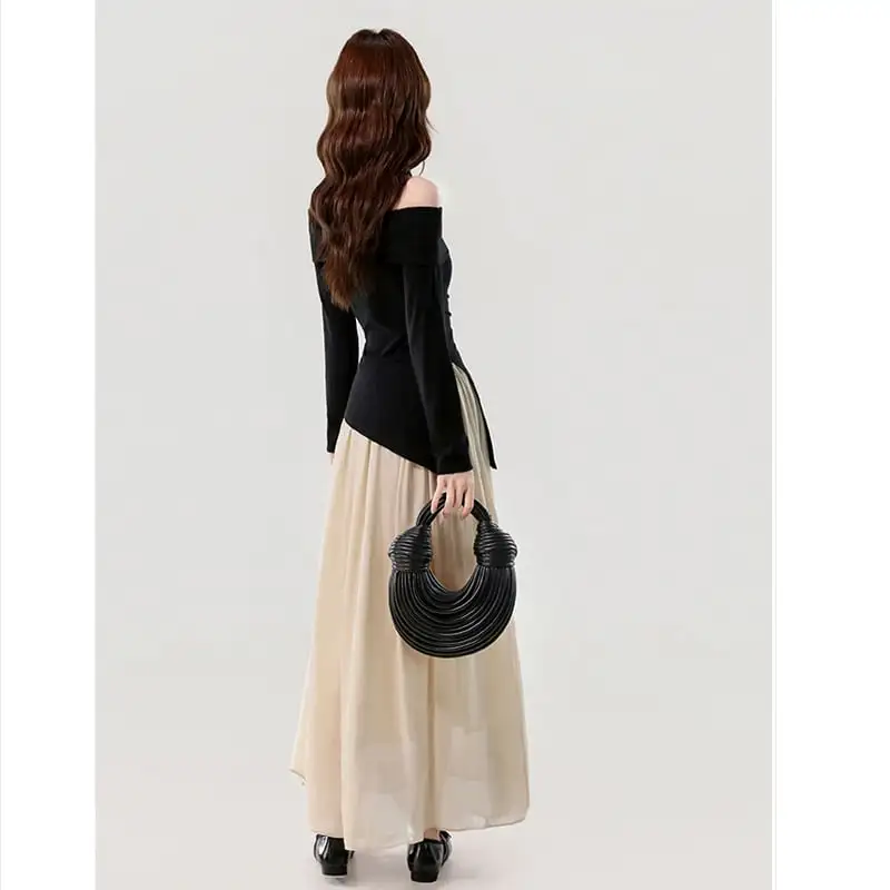 ボートネックデザイン 配色 長袖 気質アップ ワンピース