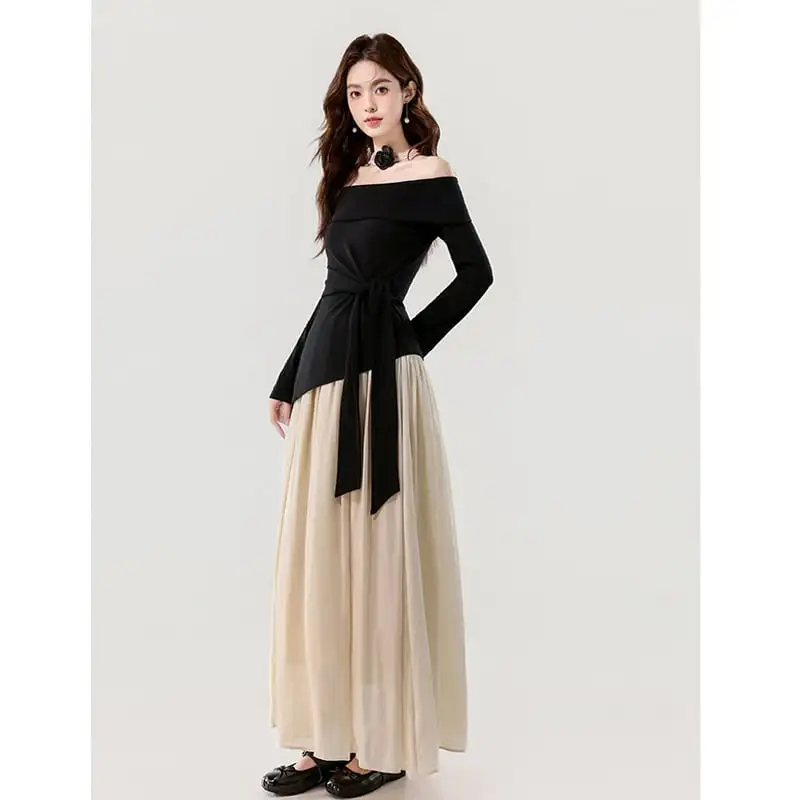 ボートネックデザイン 配色 長袖 気質アップ ワンピース