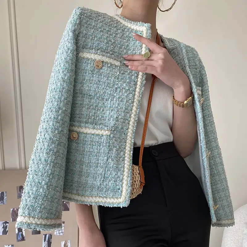 ジャケット ツイード 長袖 気質満点 ライトブルー アウター