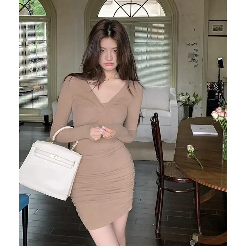 ワンピース Vネック スリミング 膝上 長袖 ブラウン