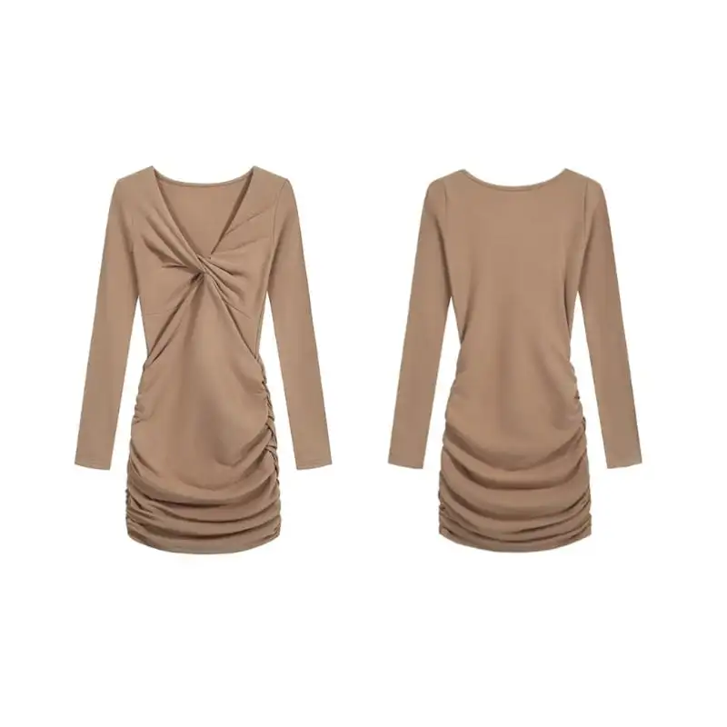 ワンピース Vネック スリミング 膝上 長袖 ブラウン