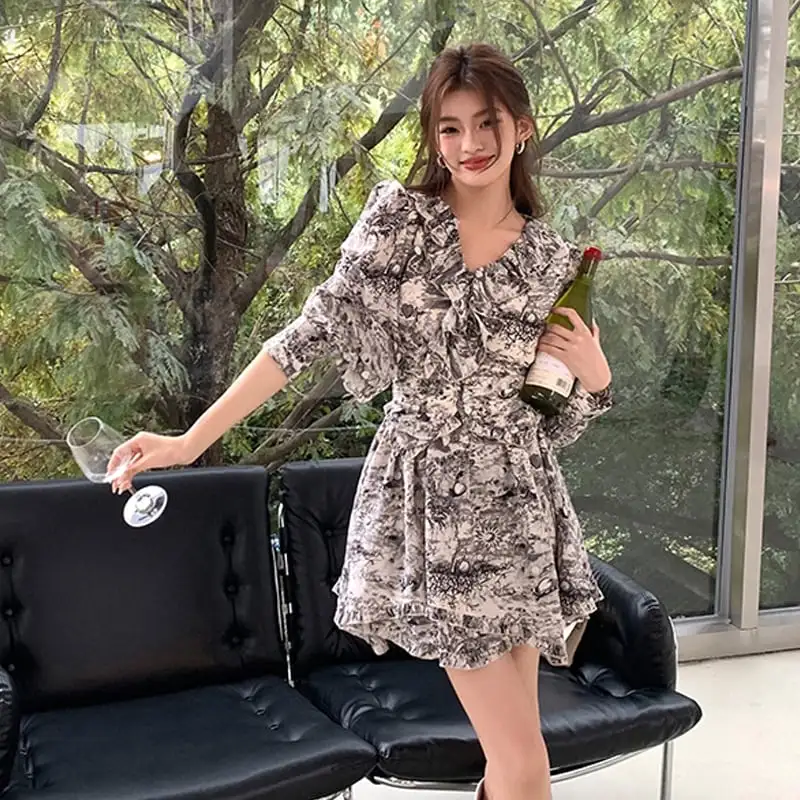 ワンピース ペプラム Aライン 長袖 プリント