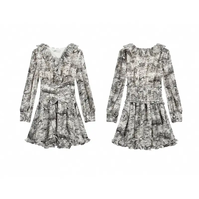 ワンピース ペプラム Aライン 長袖 プリント