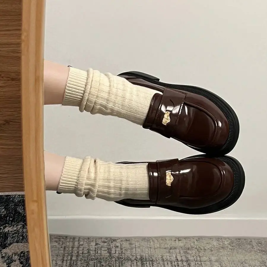 レトロ 太いヒール 革靴 フレンチ ローファー