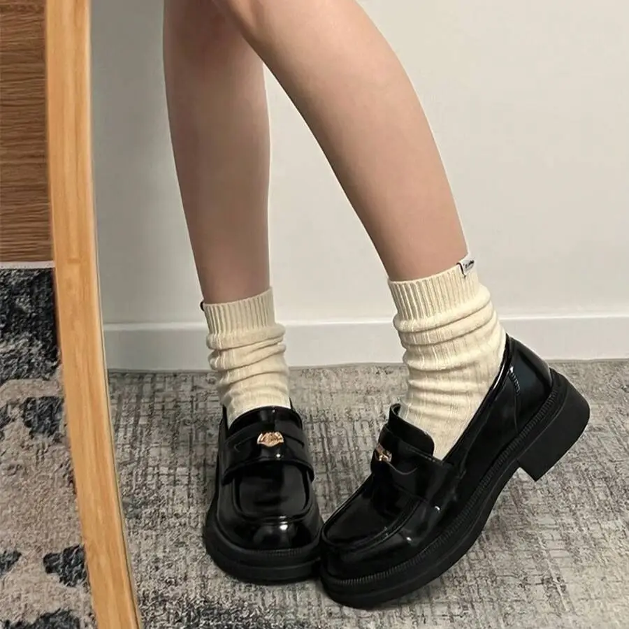 レトロ 太いヒール 革靴 フレンチ ローファー